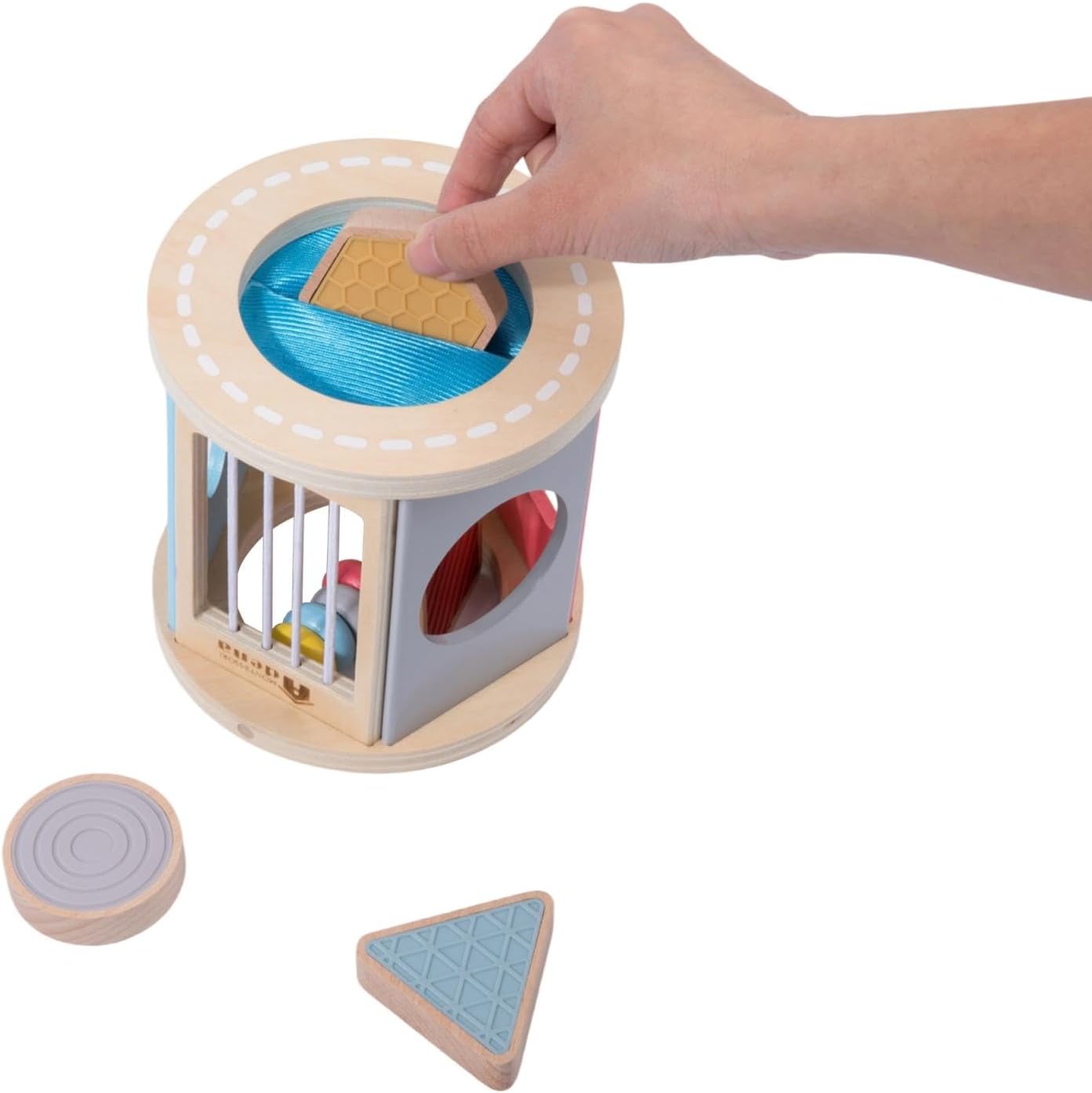 Wooden Rolling Shape Sorter with Silicone Sensory Blocks - Image 5