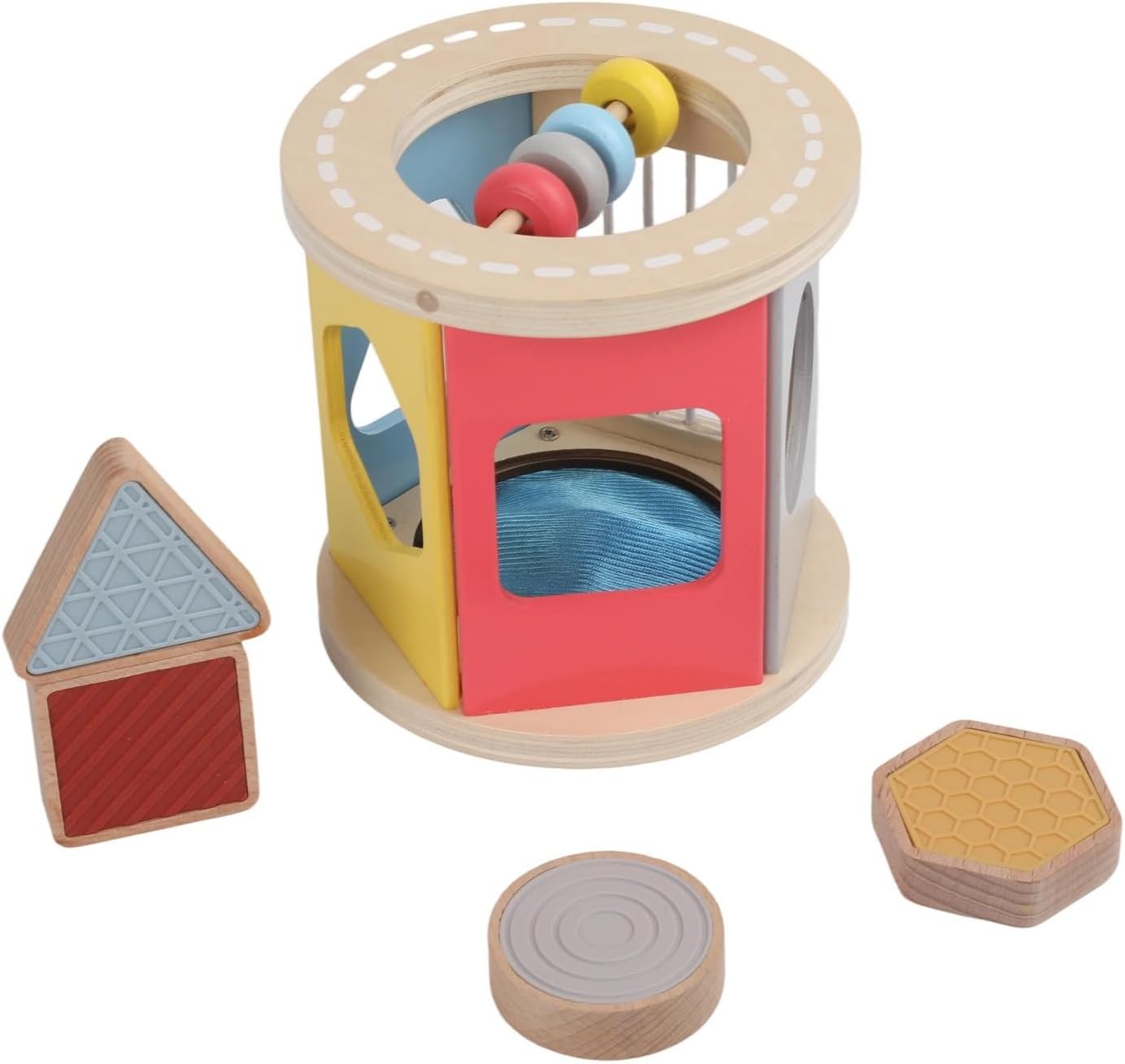Wooden Rolling Shape Sorter with Silicone Sensory Blocks