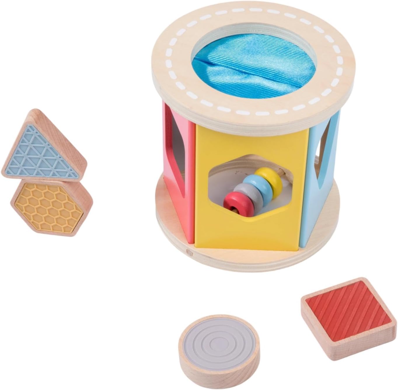 Wooden Rolling Shape Sorter with Silicone Sensory Blocks - Image 2